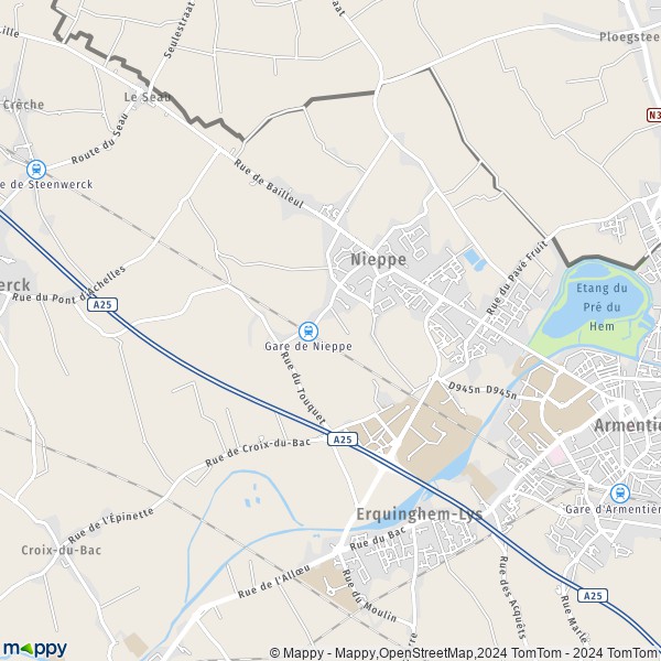 De kaart voor de stad Nieppe 59850