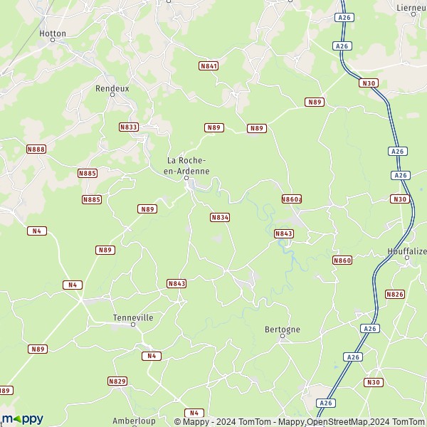 De kaart voor de stad 6980-6986 La Roche-en-Ardenne