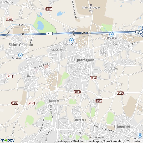 De kaart voor de stad 7390 Quaregnon