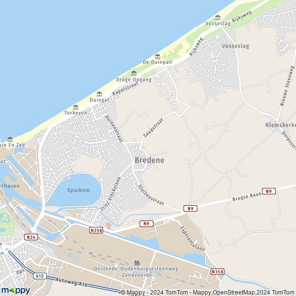 De kaart voor de stad 8400-8450 Bredene