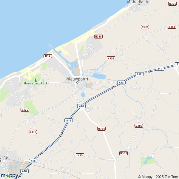 De kaart voor de stad 8620 Nieuwpoort