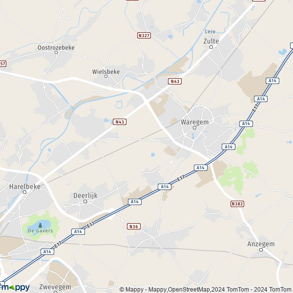 De kaart voor de stad 8790-8793 Waregem