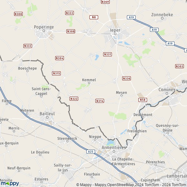De kaart voor de stad 8950-8958 Heuvelland