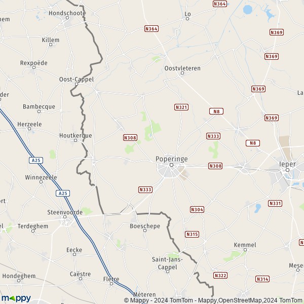 De kaart voor de stad 8970-8978 Poperinge