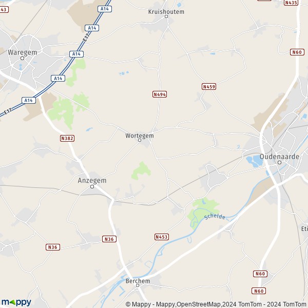 De kaart voor de stad 9790 Wortegem-Petegem