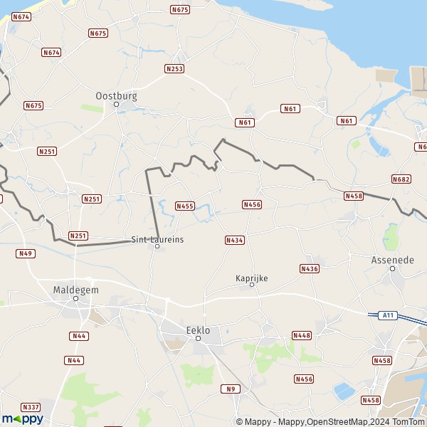 De kaart voor de stad 9980-9988 Sint-Laureins