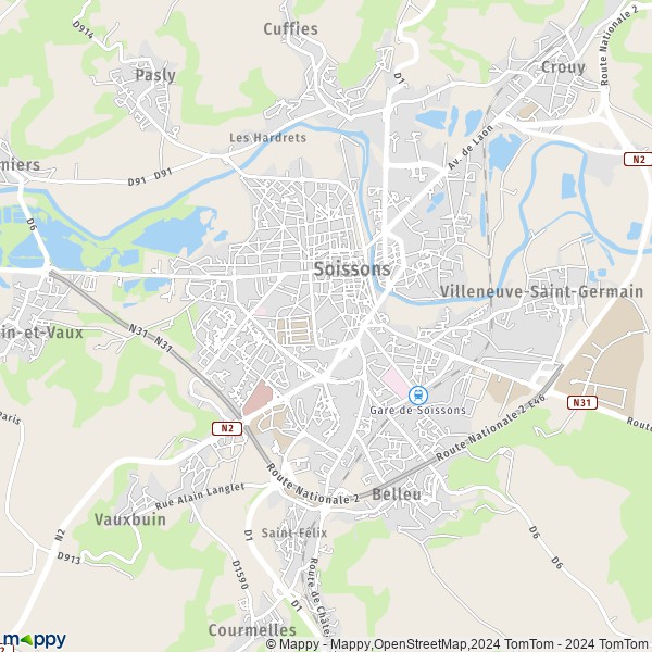 De kaart voor de stad Soissons 02200