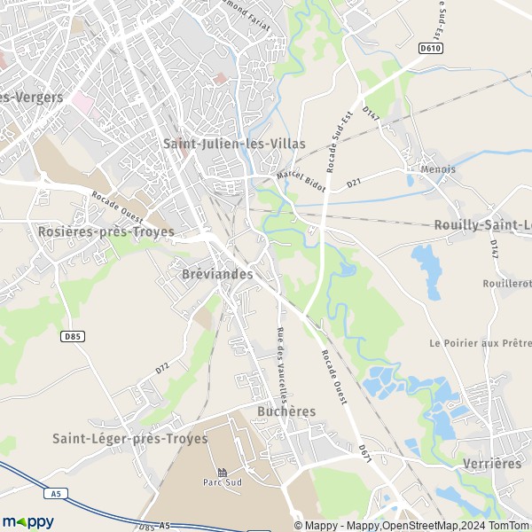 De kaart voor de stad Bréviandes 10450