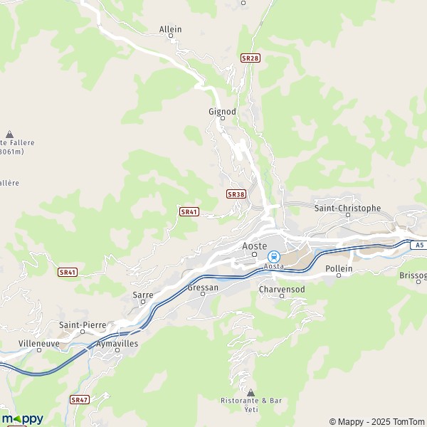 De kaart voor de stad Aosta 11100