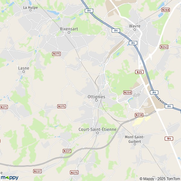 De kaart voor de stad 1300-1490 Ottignies-Louvain-la-Neuve