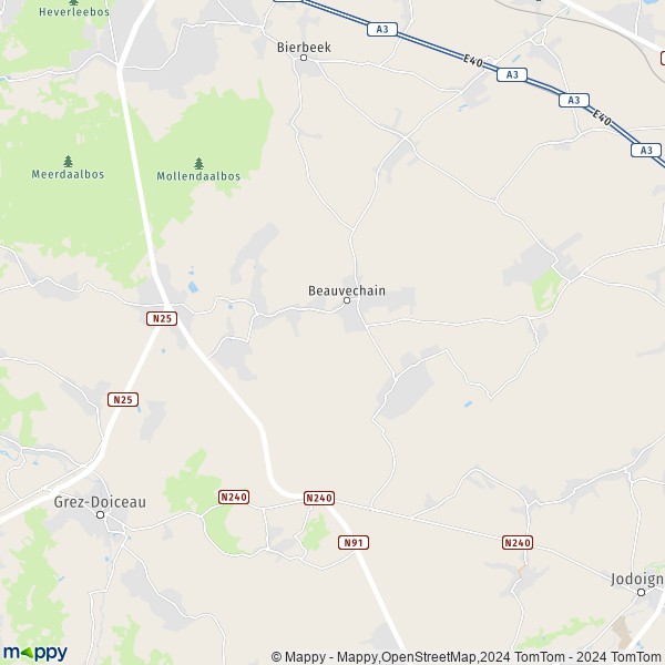De kaart voor de stad 1320-3360 Beauvechain