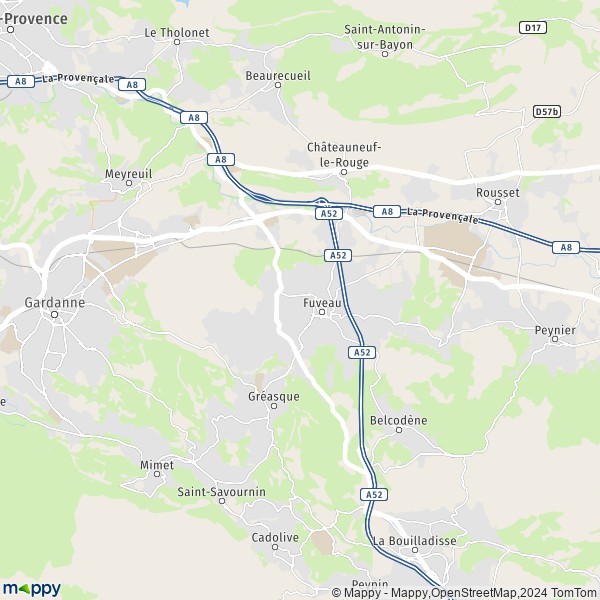 De kaart voor de stad Fuveau 13710