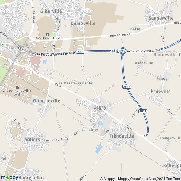 De kaart voor de stad Cagny 14630