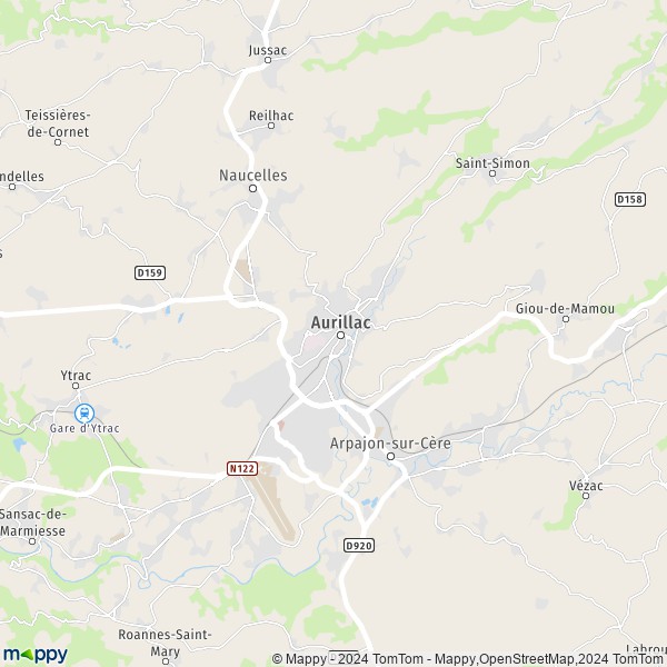 De kaart voor de stad Aurillac 15000