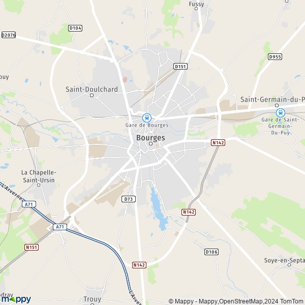 De kaart voor de stad Bourges 18000