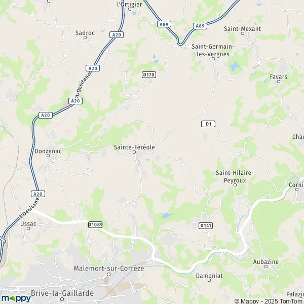 Plattegrond SainteFéréole kaart van SainteFéréole (19270) en