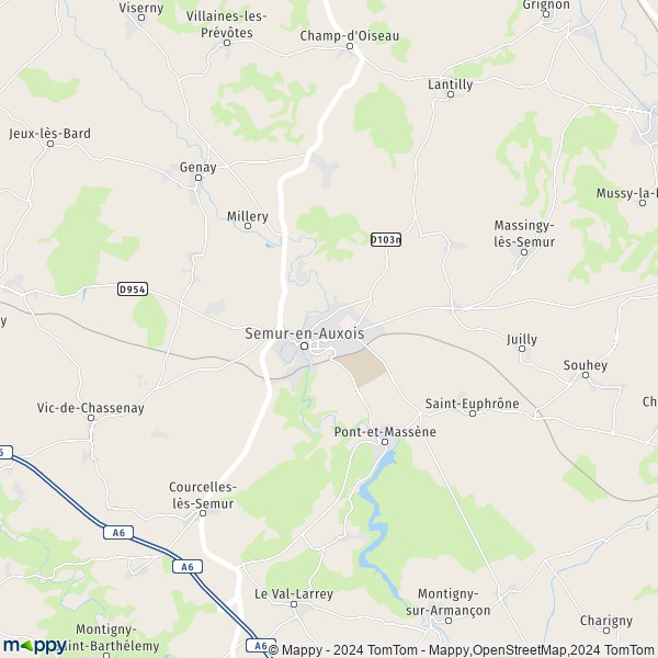 De kaart voor de stad Semur-en-Auxois 21140
