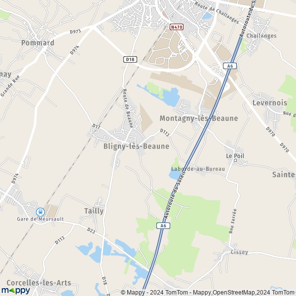 De kaart voor de stad Bligny-lès-Beaune 21200