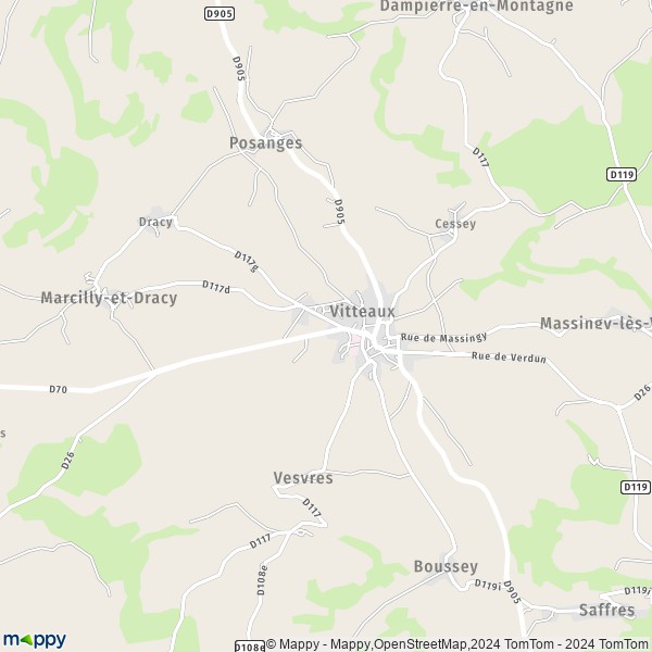 De kaart voor de stad Vitteaux 21350
