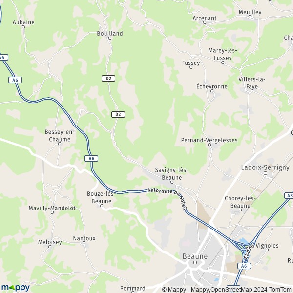 De kaart voor de stad Savigny-lès-Beaune 21420