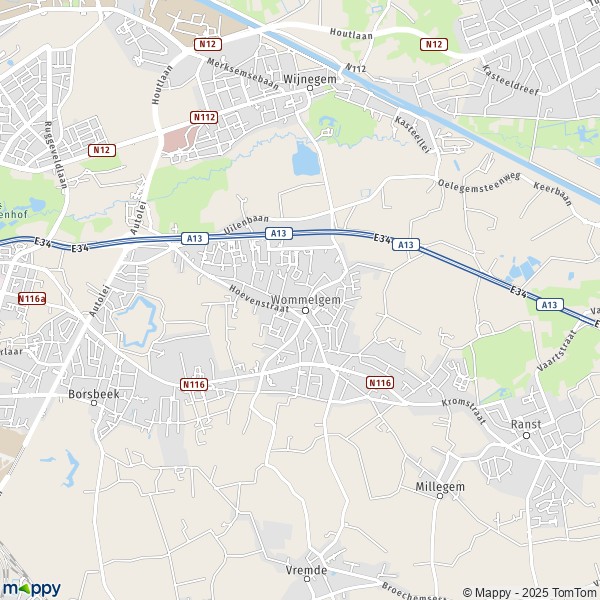 De kaart voor de stad 2150-2160 Wommelgem