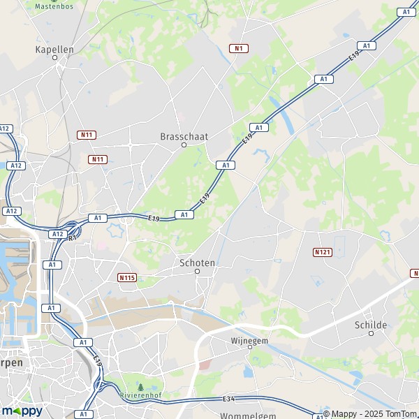 De kaart voor de stad 2170-2930 Schoten