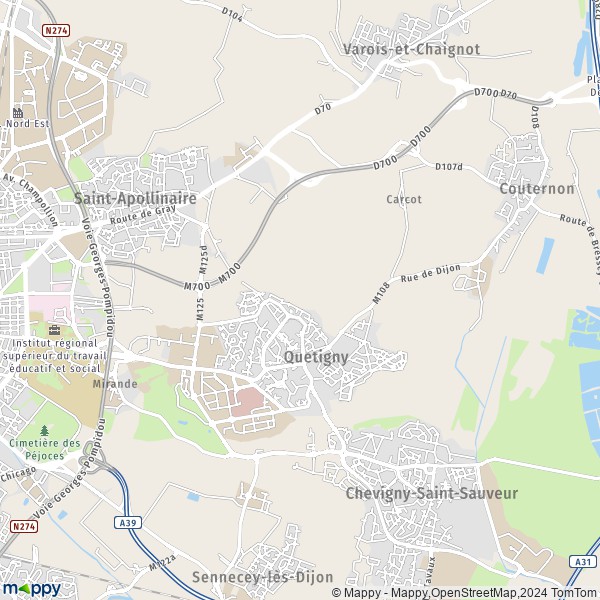 De kaart voor de stad Quetigny 21800