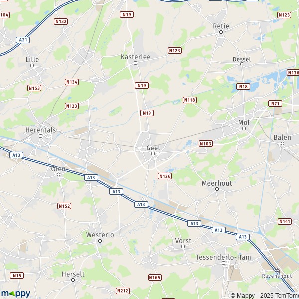 De kaart voor de stad 2260-2440 Geel