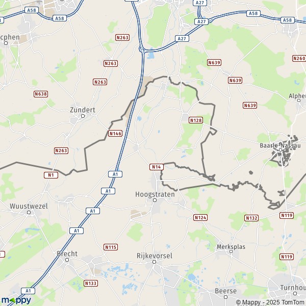 De kaart voor de stad 2320-2328 Hoogstraten