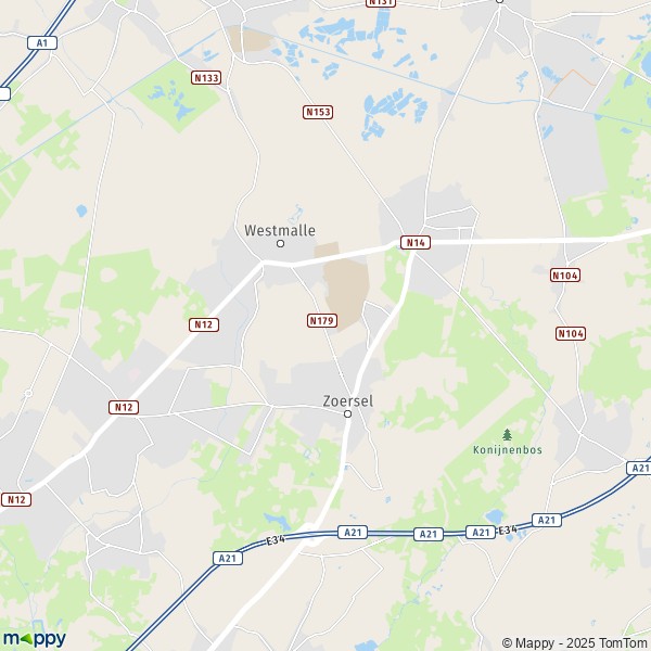 De kaart voor de stad 2390 Malle