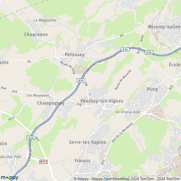 De kaart voor de stad Pouilley-les-Vignes 25115