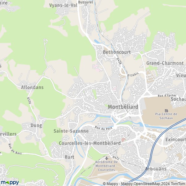 De kaart voor de stad Montbéliard 25200