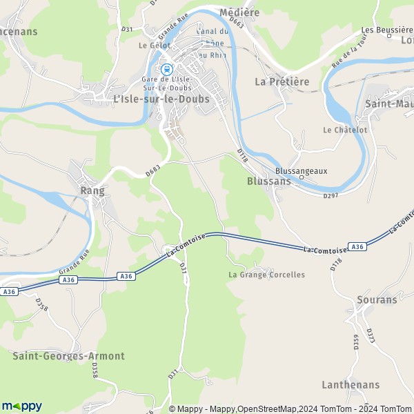 De kaart voor de stad L'Isle-sur-le-Doubs 25250