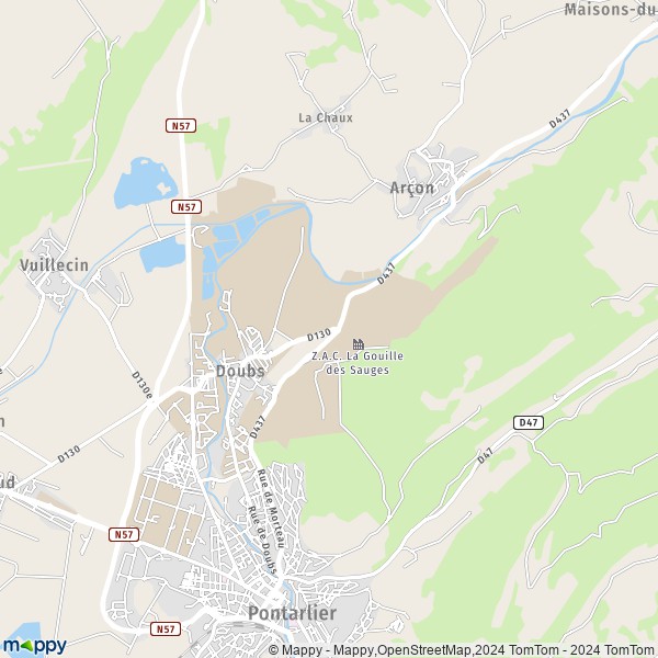 De kaart voor de stad Doubs 25300
