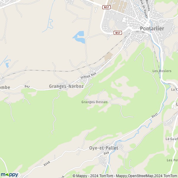 De kaart voor de stad Granges-Narboz 25300