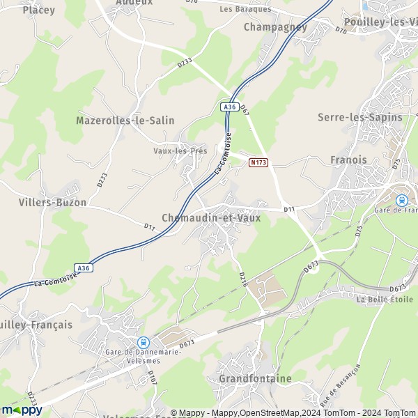 De kaart voor de stad Chemaudin-et-Vaux 25320-25770