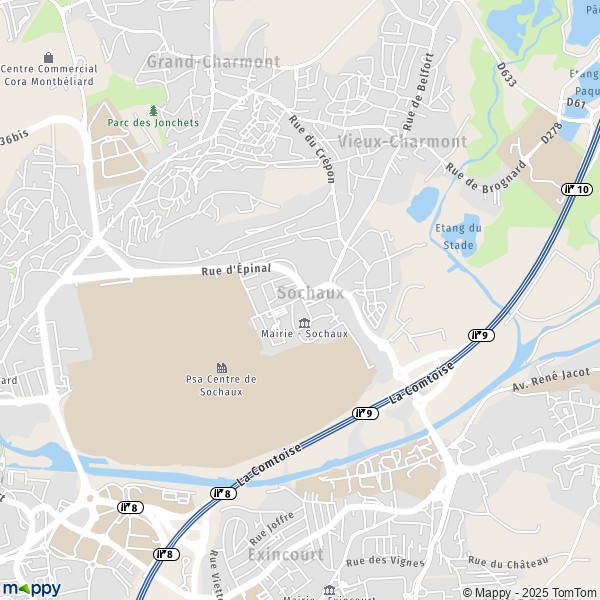 De kaart voor de stad Sochaux 25600