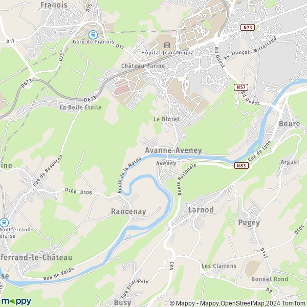 De kaart voor de stad Avanne-Aveney 25720