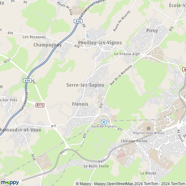 De kaart voor de stad Serre-les-Sapins 25770