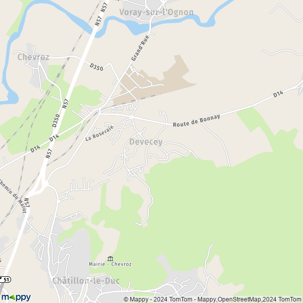 De kaart voor de stad Devecey 25870