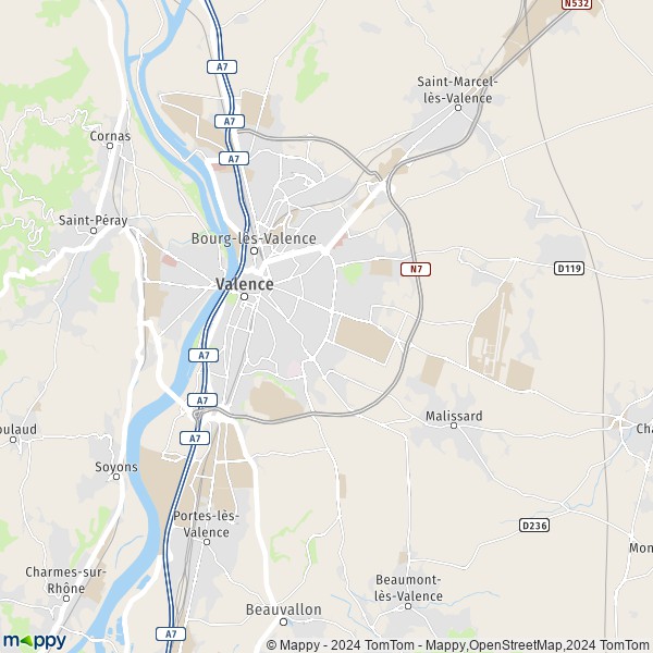 De kaart voor de stad Valence 26000