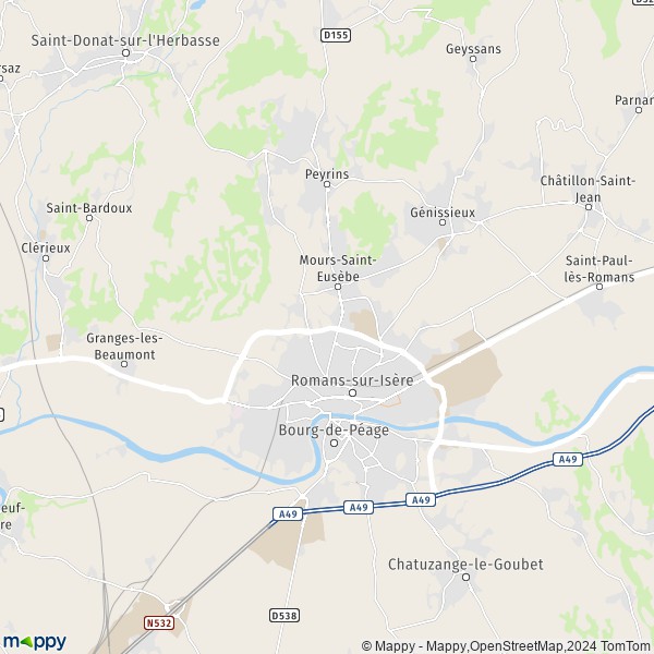 De kaart voor de stad Romans-sur-Isère 26100