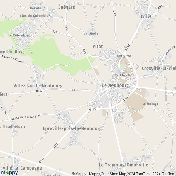 De kaart voor de stad Le Neubourg 27110