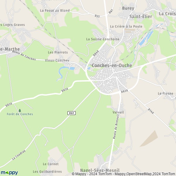 De kaart voor de stad Conches-en-Ouche 27190