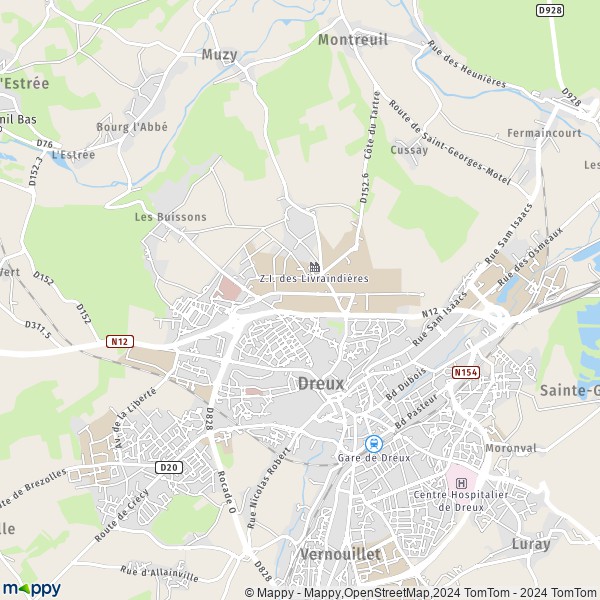 De kaart voor de stad Dreux 28100