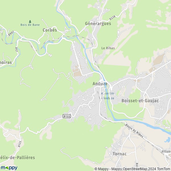 De kaart voor de stad Anduze 30140