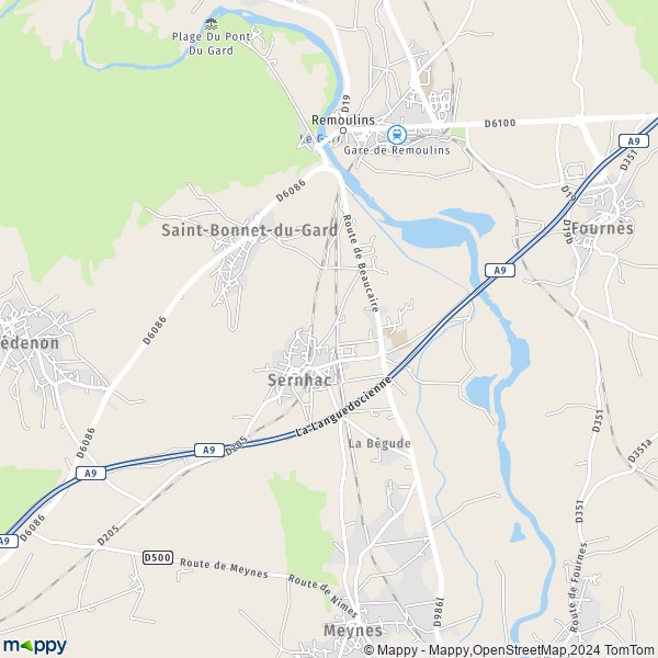 De kaart voor de stad Sernhac 30210