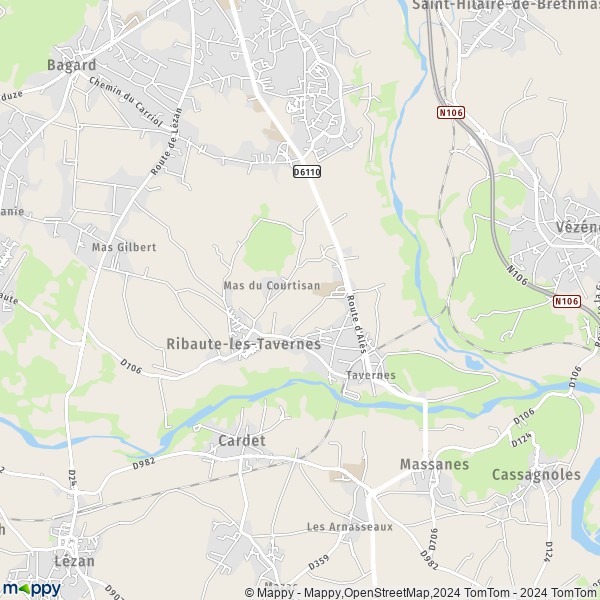 De kaart voor de stad Ribaute-les-Tavernes 30720