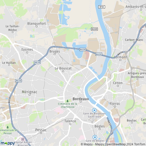 De kaart voor de stad Bordeaux 33000-33800