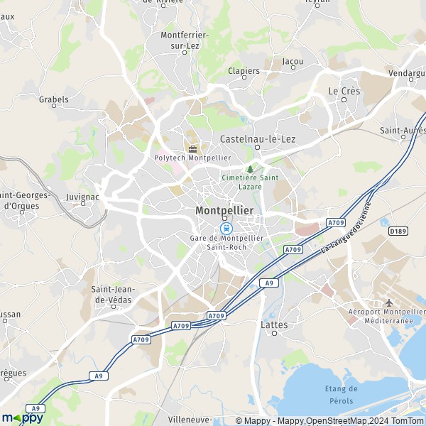 De kaart voor de stad Montpellier 34000-34090